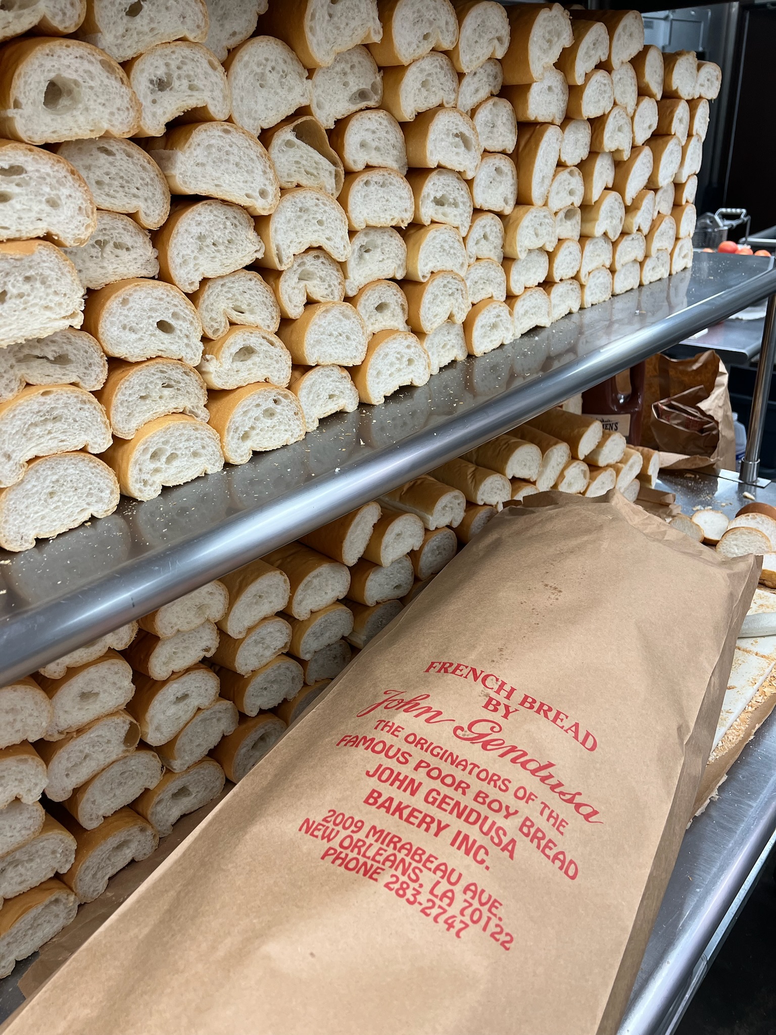 John Gendusa French bread stacked on the rail at Pirate's Cove